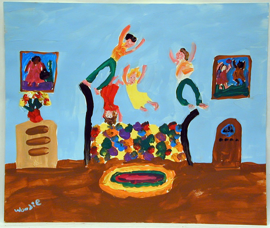 ‘Jumping on Grandma's Bed’ by Woodie Long. Image courtesy of Slotin Folk Art.